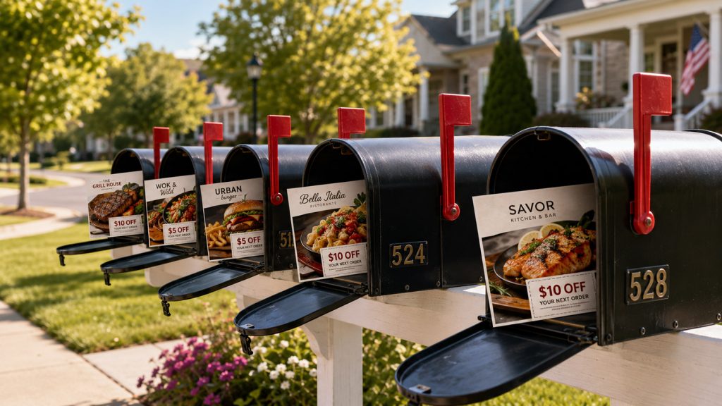 restaurant direct mail postcards in mailboxes